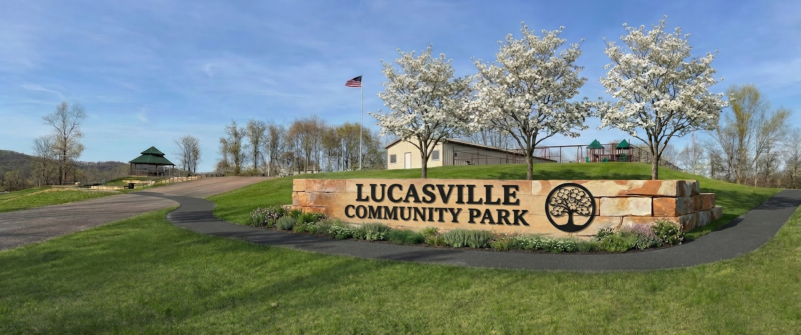 Artist's rendering of the Phase 4 retaining wall at the Lucasville Community Park entrance, faced in stone